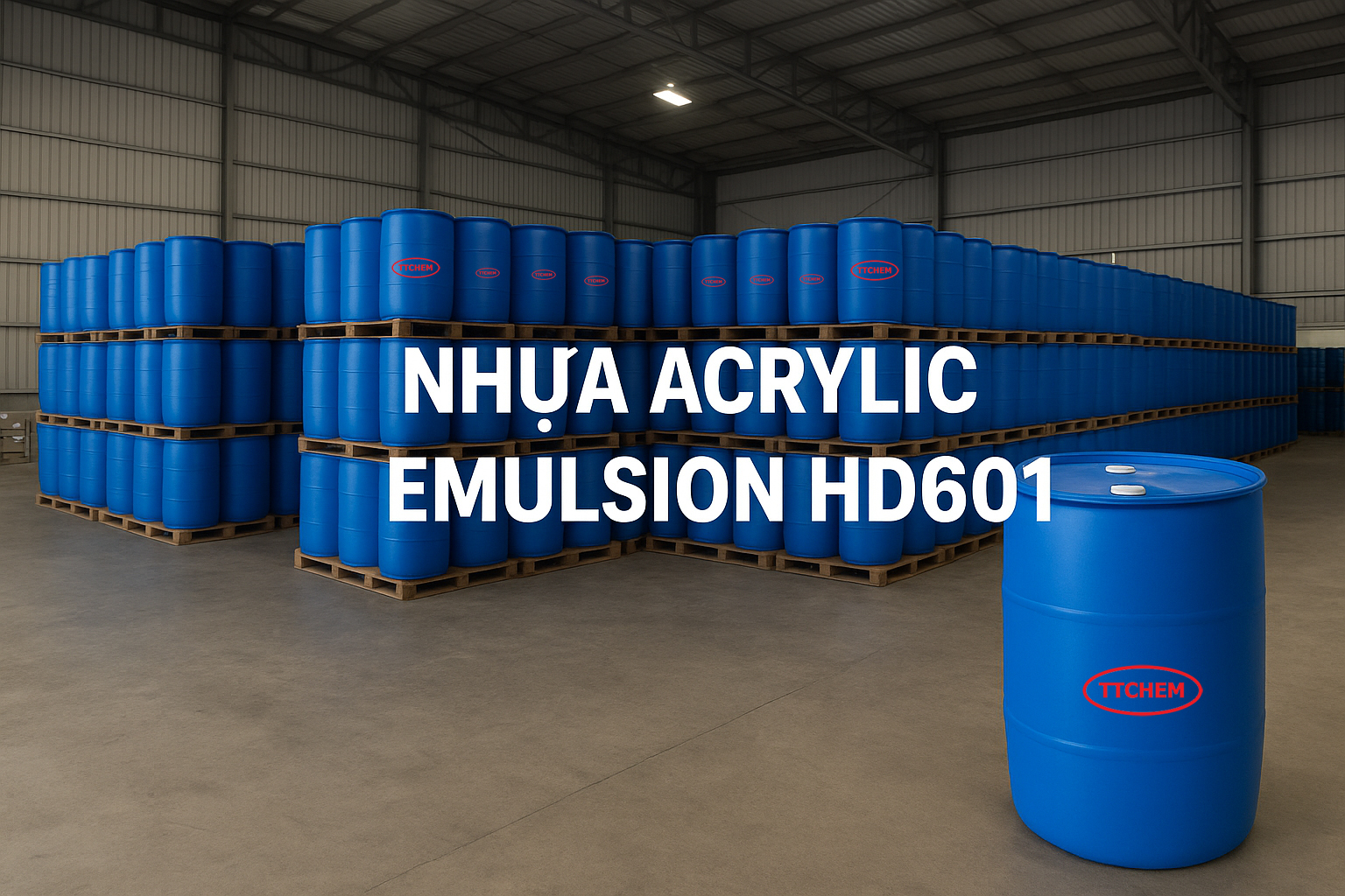 thiết kế hình ảnh kho hàng với Nhựa Acrylic Emulsion HD601 đựng trong phuy nhựa